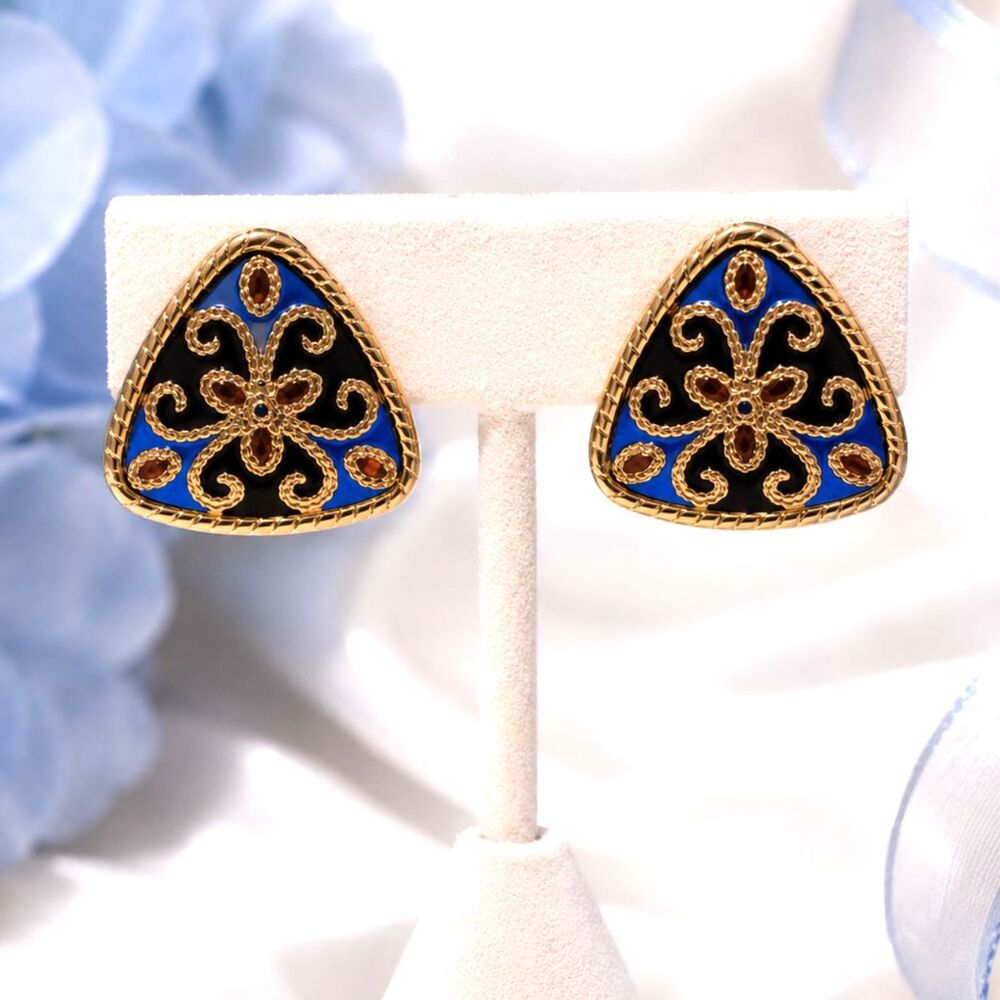 Vintage Blue Black Enamel Gold Tone Triangle Clip On Earrings